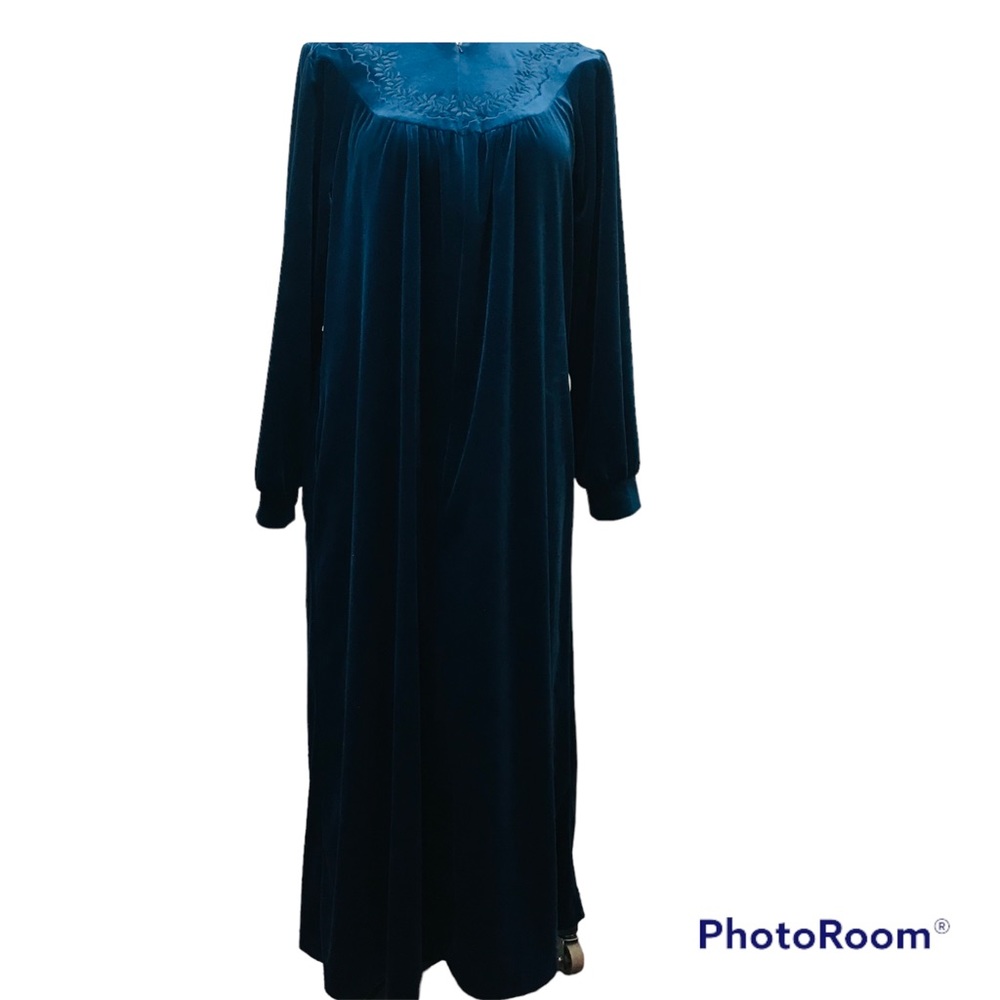 Vtg JASMINE ROSE Velvet Long Bathrobe Housecoat Blue 1/4 Zip Size M